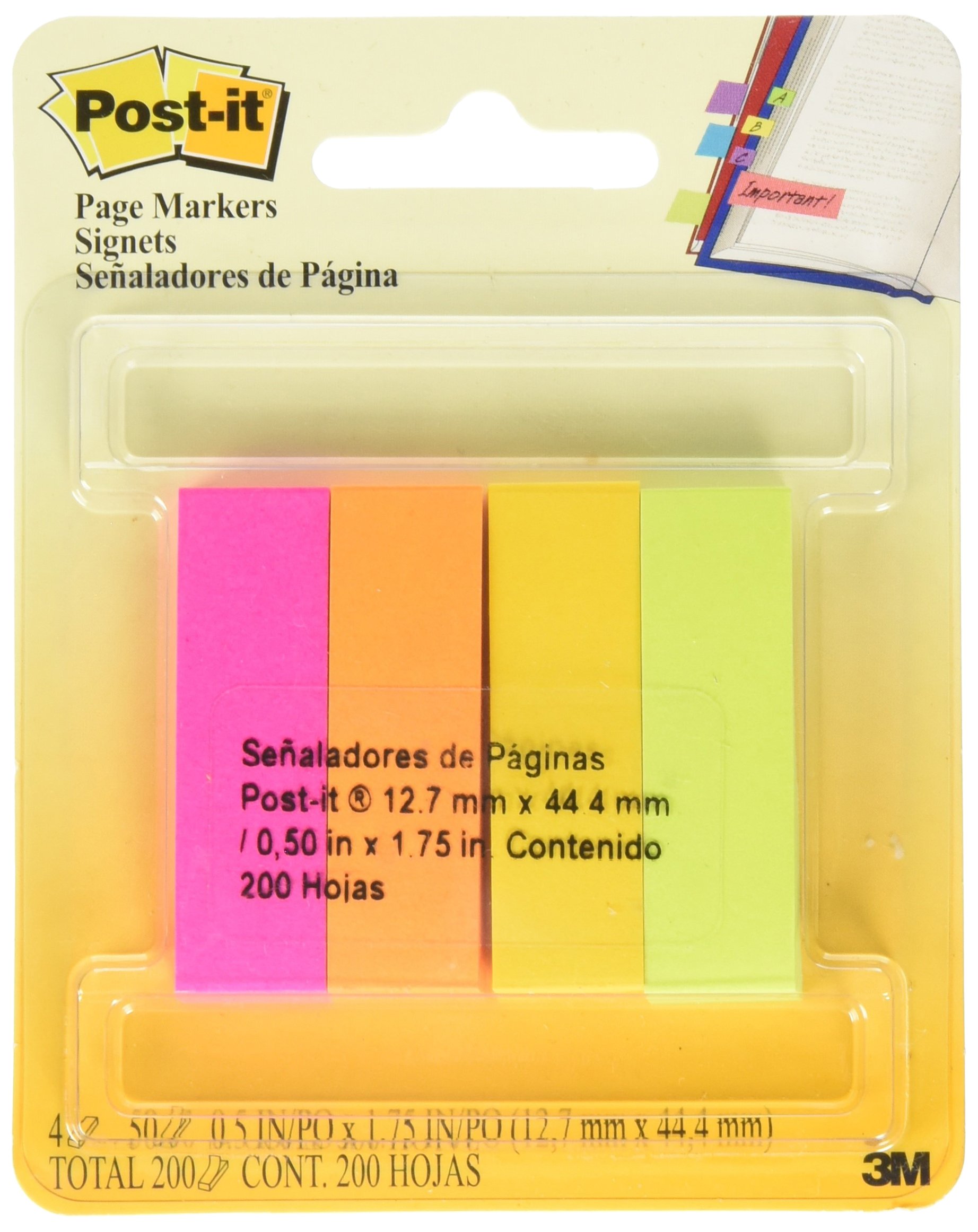 Señaladores Mod. 670-5af Post-it 3M 5 co Marcadores de pagina  de papel 5 blocks de diferente color tonos neon, con 50 señaladores c/u (250 total), medidas: 1.27 cm x 4.45 cm - POST-IT