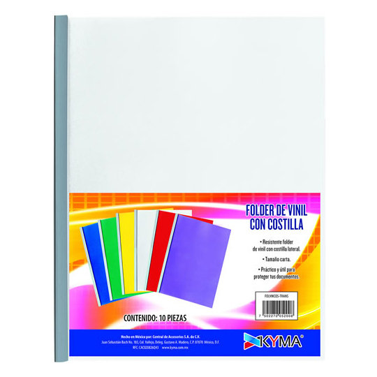 Folder vinil KYMA con costilla transpare Folder vinil con costilla marca KYMA, material chiapas rigido, garmage 350g/m2, costilla para folder peso unitario 0.022kg, tamaño carta. Paquete con 10 piezas transparentes, envueltos en una bolsa de polipropileno de 24cmx31cm                             nte paquete con 10 piezas                - KYMA