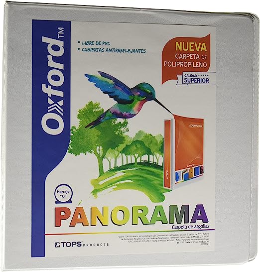 Carpeta panorámica Oxford carta blanca d Triple arillo en forma de O, 3 pulgadas, hecha con polipropileno, libre de PVC, no toxica, transferencia segura: no levanta tinta o toners de documentos, 3 ventanas externas personalizables, bolsas internas en ambas solapas, capacidad 625 hojas.           e 3" herraje "O"                         - PP00304