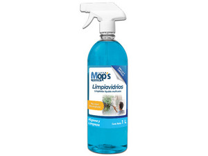 Limpiador de vidrios Super mops 1 Lt.    Líquido con atomizador para vidrios y superficies como; espejos, tableros, mostradores, muebles y mas. marca Super mops. botella con atomizador de 1 Lt.                                                                                                        .                                        - MOPS201