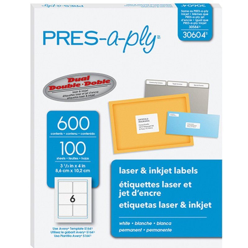 Etiqueta tecnología laser/inkjet AVERY c Presaply, medidas 8.5 x 10.2 cm, con 600 etiquetas                                                                                                                                                                                                              olor blanco                              - 30604