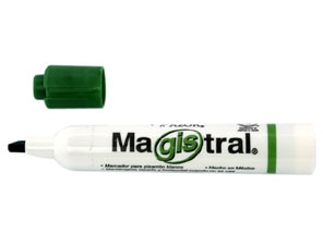 Marcador Magistral Clásico punta cincel  Tinta base cetona de alta intensidad, punta cincel 6 mm, barril plástico, tapa anti asfixia, excelente calidad de borrado en superficies no porosas como: porcelana, melamina, vidrio, no toxico, rendimiento de 350 m.                                         6 mm color verde caja con 12 pzas        - AZOR