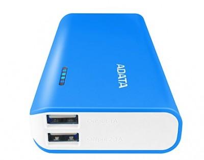 ADATA PT100 - Cargador portátil - 10000 mAh - 21 A - 2 conectores de salida USB - en el cable Micro-USB - azul - APT100-10000M-5V-CBLWH