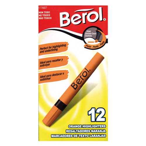 Marcatextos Berol punta cincel naranja c Marcatextos berol color naranja punta cincel, cuerpo redondo, punta para diferentes trazos, tinta base agua y colorantes                                                                                                                                        aja con 12 piezas                        - 1776827