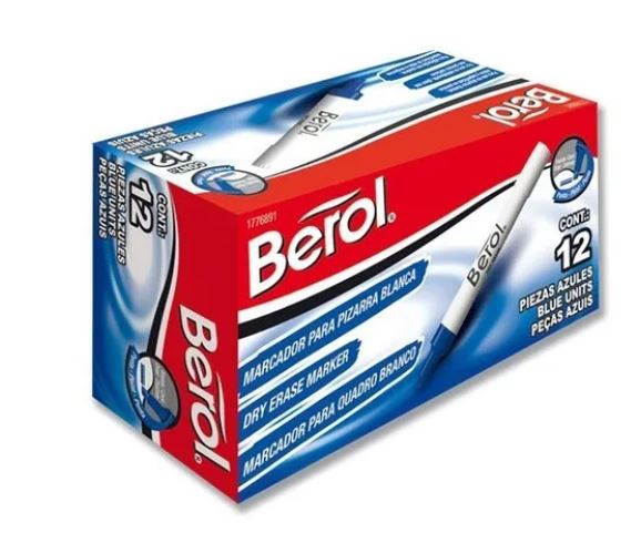 Marcador para pizarrón Berol azul caja c Marcador para pizarrón de secado rapido que se borra facilmente, con punta cincel resistente que no se hunde. Cuerpo de plastico con vivos del color de la tinta.                                                                                               on 12 piezas                             - 1776891