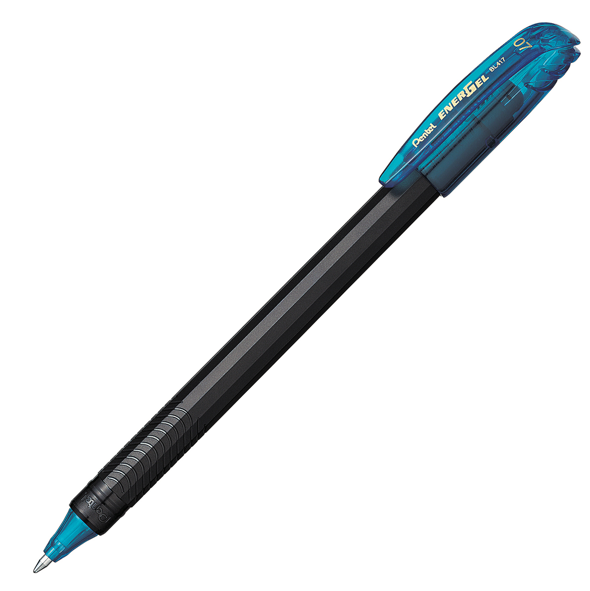 Bolígrafo Pentel energel stick, punto 0. Bolígrafo Pentel energel tinta gel color azul claro, 0.7 mm secado rápido, peso ligero con 12 lados, hecho de 62% material reciclado. la tapa indica el color de la tinta                                                                                       7mm (mediano), tinta azul claro, 1 pieza - PENTEL