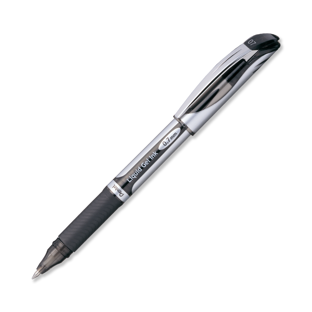 Bolígrafo Pentel energel delux, punto 0. Bolígrafo Pentel energel delux tinta negra de secado rápido, con agarre de caucho, no mancha, punta 0.7 mm metálica de trazo mediano, hecho 50% de material reciclado, escritura suave y ligera. detalles en tapa al color de la tinta                          7 mm (mediano), tinta negra, 1 pieza     - BL57-A