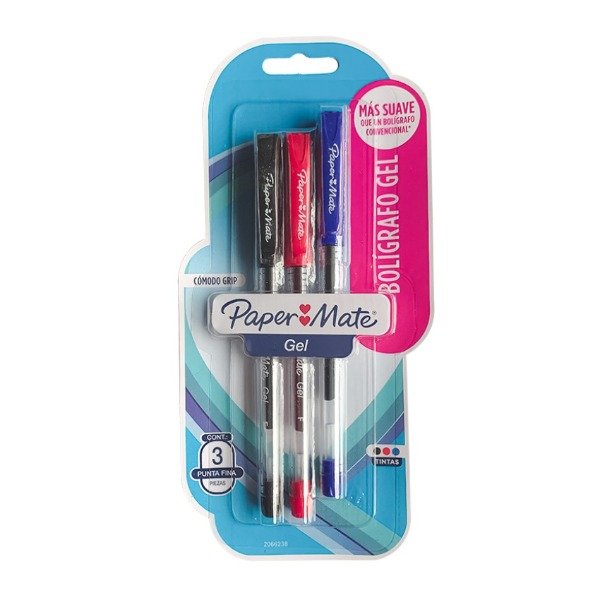 Boligrafo económico gel Paper Mate punto Boligrafos paper mate de gel, barril transparente, punto fino 0.5 mm, blister con 3 piezas,colores: rojo,azul y negro                                                                                                                                           fino tarjeta 3 piezas colores surtidos   - 2066238