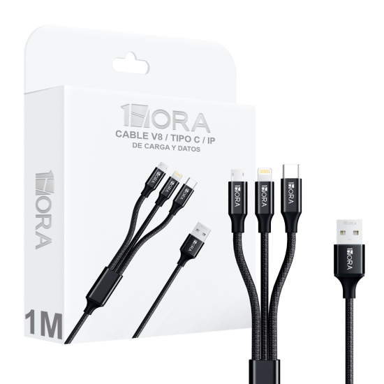 Cable 1 Hora 3 en 1                      Marcas de productos compatibles Samsung / nexus / htc / Motorola / Nokia / lg / Sony/ BlackBerry / ps4 controller / ps vita / gps devices/ tablets /bluetooth headset/ external batteries etc largo del cable 1.2 m                                             .                                        - 1 HORA