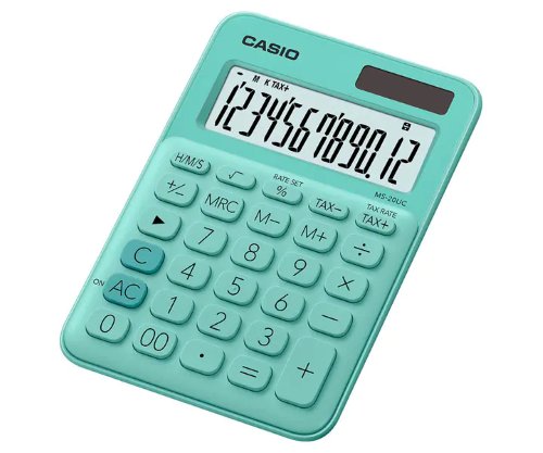 Calculadora de escritorio verde CASIO pa Conversión de h/m/s, cálculo de impuestos, cálculo de cambio, porcentaje regular, retroceso, marcador de coma cada 3 dígitos, key rollover: entrada de datos alta velocidad, alimentación pila + solar, dimensiones 22.1 x 104.5 x 149.5 mm - MS-20UC-GN-S-EC