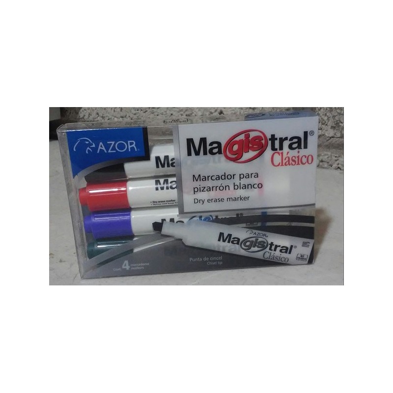 Marcador Magistral Clásico punta cincel  Colores surtidos: negro, rojo, azul y verde, tinta base cetona de alta intensidad, punta cincel 6 mm, barril plástico, tapa anti asfixia, excelente calidad de borrado en superficies no porosas como: porcelana, melamina, vidrio, no toxico, rendimiento de 3 6 mm colores surtidos empaque con 4 pzas - AZOR