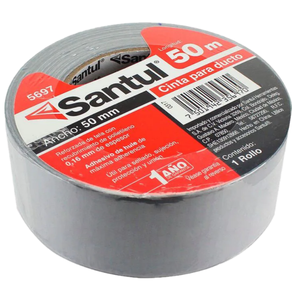 Cinta adhesiva santul para ducto 50 m Cinta para ducto, recubrimiento de polietileno reforzado con tela, ancho 50 mm, espesor 0.16 mm, adhesivo de hule sintético - SANTUL