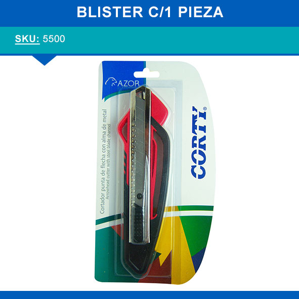 Cutter alma de metal Corty 5500 grande 1 Cortador fabricado con doble inyección, poliestireno y suave grip para mejor sujeción, alma de metal, diseño ergonómico, y punta flecha que funciona como soporte y guía para cortar, cortador de navaja en la parte posterior, mecanismo de seguridad se accio 8 mm punta flecha caja con 12 pzas       - 307.5512