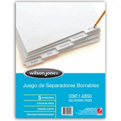 Separador borrable 5 divisiones ACCO tam Separador de papel bond de 120 g, 5 divisiones, cejas borrables para personalizar varias veces, 5 perforaciones reforzadas con tira altamente resistente, compatible con mecanismo en 2 y 3 argollas                                                            año carta                                - WILSON JONES