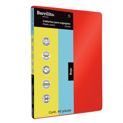 Cubierta plástica rayada roja Barrilito  Textura rayada de 12 puntos de espesor, tamaño carta, puntas redondeadas, color sólido                                                                                                                                                                          con 40 piezas                            - CRJ8793