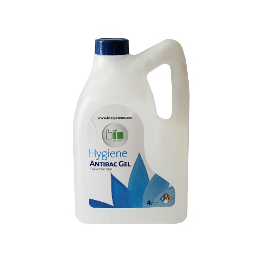 Gel antibacterial biosystem 4 Lt.        Neutro , elimina el 99.9% de los gérmenes sin enjuagar, ingredientes: agua bidestilada, alcohol etiliico, alcohol isopropilico, con agentes humectantes que mantiene hidratada y suave la piel. 70% de alcohol con tapa.                                        .                                        - BIOSYSTEMS