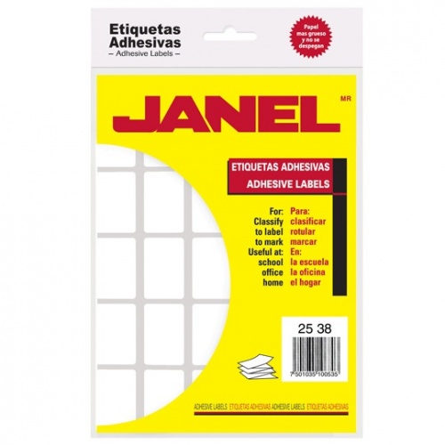 Etiqueta blanca JANEL clasica no. 7 con  Para marcar, señalar, identifica contenidos, administra archivos, paquetes, folders, etc. Construccion: papel bond de 70 gr/m2, liner (material base): papel glasin de 64 gr/m2 siliconado, recubrimiento: base silicon, adhesivo: acrilico base agua           500 etiquetas de 25x38mm                 - 1002538100