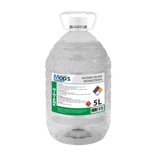 Gel antibacterial Super mops de 5 Lt.    Con base alcohol limpia y elimina instantáneamente el 99.9 por ciento de gérmenes sin enjuague,no requiere de enjuague, no es pegajoso y no deja residuos en las manos,cont agua, alcohol etílico usp y carbomero no incluye válvula dosificadora. 70% de alcoh .                                        - SUPER MOPS