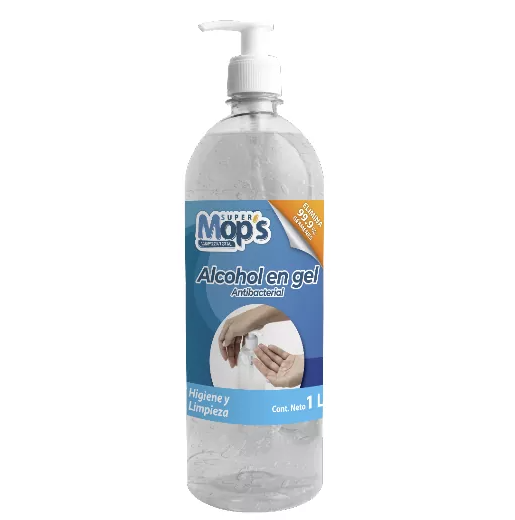 Gel antibacterial Super mops de 1 Lt.    Con base alcohol limpia y elimina instantáneamente el 99.9 por ciento de gérmenes sin enjuague,no requiere de enjuague, no es pegajoso y no deja residuos en las manos,cont agua, alcohol etílico usp y carbomero botella con valvula desificadora. 70% de alco .                                        - MOPS832