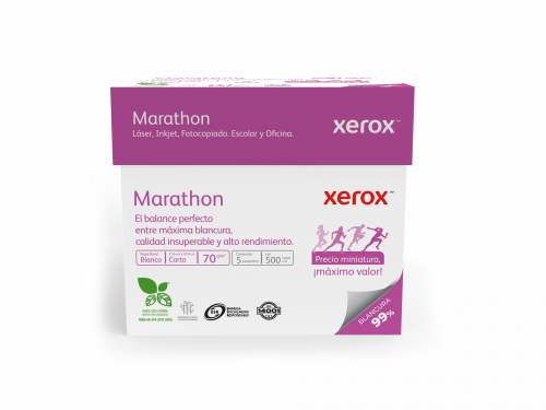 Papel XEROX Marathon Pony carta 99% blan Papel cortado con gran desempeño en equipos de impresión en alto volumen, libre de acido para mayor durabilidad de sus documentos, optimo para trabajos en casa y oficina, caja con 5 paquetes de 500 hojas c/u,medidas:21.6x27.9cm. Certificaciones: NOM144, I cura 70gr (Mod.3M02055)                  - XEROX