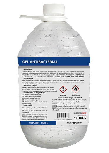 Gel antibacterial Imperial tapa de 5 Lt. No requiere enjuague, base de alcohol etílico de 70 % w/w adicionado con humentantes y emolientes hipoalergénicos uso industrial, institucional y hospitalario, conforme a la norma y metodos de prueba nmx-k-631-normex-2008. 70% de alcohol con tapa.         .                                        - 890340