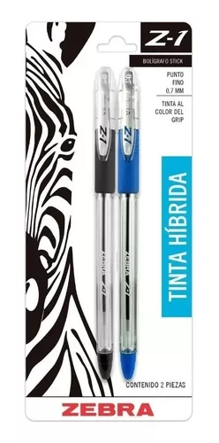 bolígrafo Zebra z-1, punta fina 0.7 m    Bolígrafo zebra z-1, tinta hibrida (fusión de tinta gel y tinta base aceite), punta fina 0.7 mm, color azul y negro, tapa con cierre hermético, grip de goma del color de la tinta, clip en la tapa para fácil transportación                                   color negro y azul, blister con 2 piezas - ZEBRA