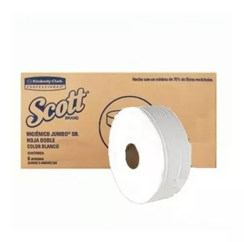 Papel Higiénico blanco Scott, caja c/6 b Higiénico Scott. caja con 6 rollos de 500 m cada uno. hjs dobles. ancho de hjs 9 cm. fabricante Kimberly clark. Despachadores 94299                                                                                                                             obinas 500m jumbo sr mod 90621           - 90621A