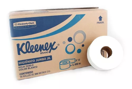 Papel Higiénico blanco Kleenex, caja c/1 Higiénico .Kleenex caja con 12 rollos de 300 m cada uno. hjs dobles. ancho de hjs 9.5 cm. tecnologia neutro olor. fabricante Kimberly clark. Despachadores 92717                                                                                                2 bobinas 300m jumbo jr mod 90606        - 90606