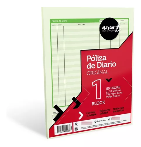 Póliza diario Rayter, tamaño carta, pape Póliza diario Rayter, tamaño carta, papel verde óptico, block 50 hojas                                                                                                                                                                                          l verde óptico, block 50 hojas           - 05PODICAB1