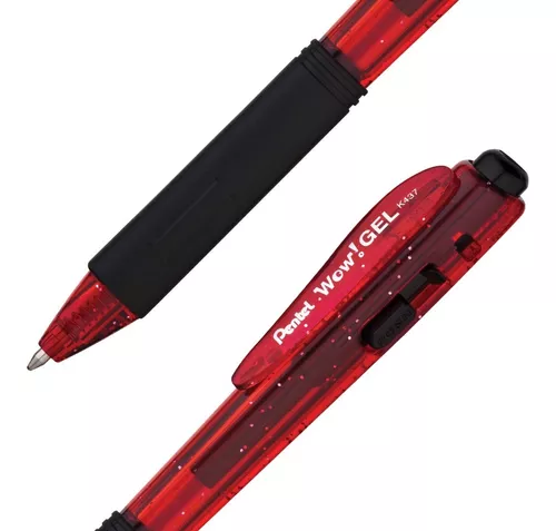 Bolígrafo retráctil wow Pentel, punto 0. Bolígrafo retráctil wow Pentel gel color rojo, punta 0.7 mm, con grip libre de latex, tinta en gel color rojo, de cuerpo triangular del mismo color de la tinta, tinta resistente a l agua, barril con brillos                                                  7 mm (mediano), gel rojo, 1 pieza        - PENTEL