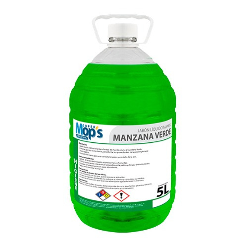 Jabon para manos antibacterial Super mop Líquido antibacterial manos aroma: manzana, botella de 5 Lt. con tapa lisa. diseñado para una correcta limpieza, desinfección y cuidado de la piel                                                                                                              s aroma manzana 5 Lt.                    - MOPS761