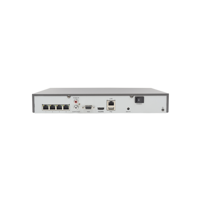 NVR 8 Megapixel (4K) / 4 canales IP / 1 Bahia de Disco Duro / 4 Puertos PoE+ / Salida de vídeo 4K  <br>  <strong>Código SAT:</strong> 46171621 <img src='https://ftp3.syscom.mx/usuarios/fotos/logotipos/hikvision.png' width='20%'>  - HIKVISION