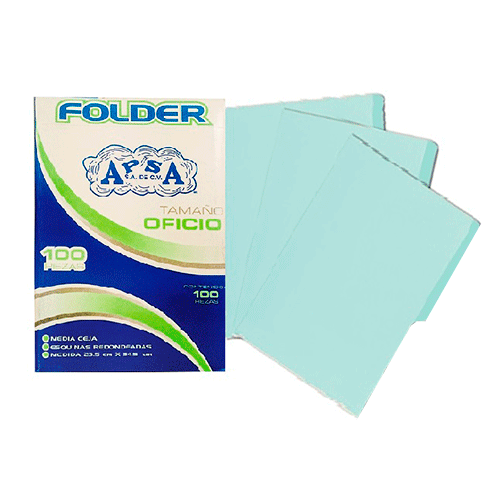 Folder verde APSA tamaño carta  , paquet Medidas 235 cm ancho x 295 cm largo, alta capacidad de almacenamiento, suaje lateral y superior para broche, guías laterales para dar dimensión y puntas redondeadas                                                                                            e con 100  piezas                        - APSA