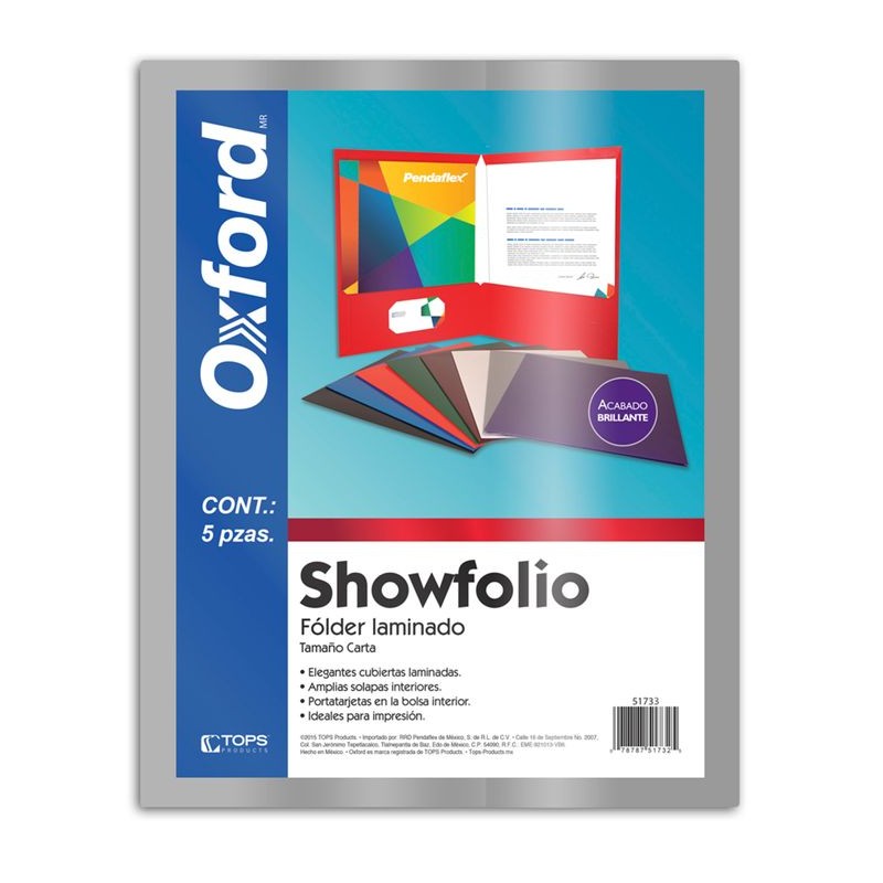 Folder showfolio laminado Oxford carta c Elegantes cubiertas laminadas con aspecto metálico, amplias solapas interiores, porta tarjetas y porta cd en bolsas inferiores de la parte interna, lados y parte superior reforzados, cada solapa guarda 50 hojas, caja con 25 piezas.                         olor azul caja con 25 pzas               - OXFORD