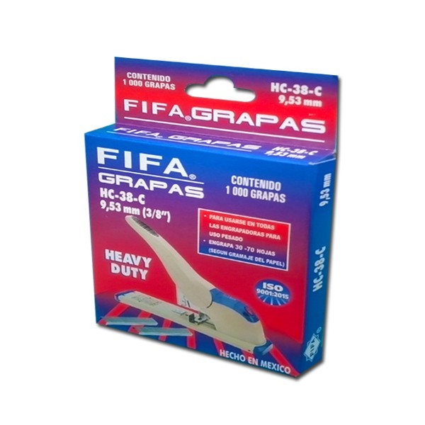 Grapas de uso pesado 3/8 FIFA Heavy Duty Capacidad de engrapado 60 hojas, para engrapadoras de uso pesado, alambre de alto carbón, largo de pata 9.53 mm, corona de 12.95 mm.                                                                                                                             HC-38-C caja con 1,000 grapas           - PILOT FIFA