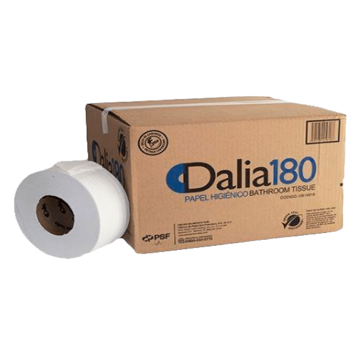 Papel Higiénico blanco Dalia, caja c/12  Higiénico sistema universal caja con 12 bobinas de 180mx 8.4 cm a, hjs dobles c/gofrado fab: fabrica de papel san francisco,2160 m lineales de papel, garantía de contenido y 100% biodegradable,certificado ecologico internacional green seal.                bobinas 180 m c/u jr                     - HB19318