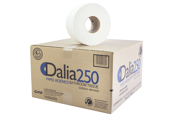 Papel Higiénico blanco Dalia, caja c/12  Higiénico, caja con 12 bobinas de 250 m x 8.4cm a,hjs dobles c/gofrado fab:fabrica de papel san francisco,garantía de contenido y 100% biodegradable, certificado ecologico internacional green seal, materias primas de origen reciclado                       bobinas 250 m c/u                        - HB19325