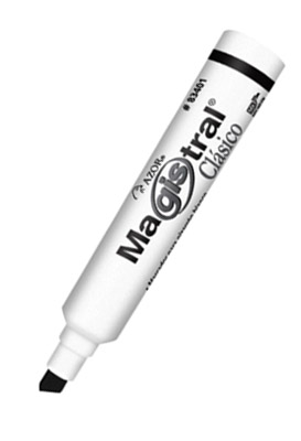 Marcador Magistral Clásico punta cincel  Tinta base cetona de alta intensidad, punta cincel 6 mm, barril plástico, tapa anti asfixia, excelente calidad de borrado en superficies no porosas como: porcelana, melamina, vidrio, no toxico, rendimiento de 350 m.                                         6 mm color negro caja con 12 pzas        - 301.83401