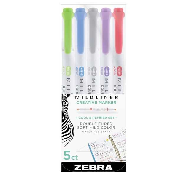 MARCADOR ZEBRA MILDLINER ESTUCHE CON 5 C MARCADOR CREATIVO, DOBLE PUNTA: CINCEL Y PUNTO FINO. IDEAL PARA CREAR TRAZOS FIRMES Y PRECISOS, TINTA PERMANENTE PIGMENTADA, LIBRE DE ÁCIDO Y RESISTENTE AL AGUA. COLORES FRÍOS                                                                                 OLORES FRÍOS                             - ZEBRA