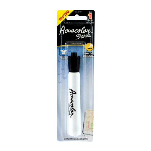 SHARPIE ACUACOLOR BLISTER 1PZ NEGRO      NUEVA PRESENTACIÓN E IMAGEN DE SHARPIE ACUACOLOR, MARCADOR BASE AGUA, BLISTER CON 1 PIEZA EN COLOR NEGRO. TINTA LAVABLE EN LA MAYORIA DE LAS TELAS, NO TRASPASA EL PAPEL, PUNTA CINCEL BISELADA.                                                                BLISTER 1 PZ DE MARCADOR BASE AGUA C/NGR - 2184216