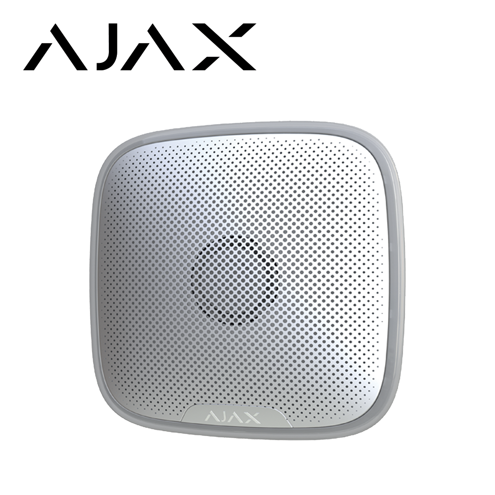 SIRENA INALAMBRICA EXTERIOR AJAX STREETSIREN 85-113dB 30W IP54 TAMPER INTEGRADO, CAPACIDAD DE CONEXIÓN HASTA 1.5KMS CON TECNOLOGIA JEWELLER COLOR BLANCO. <br><br>DE LINEA, Código SAT  - AJAX