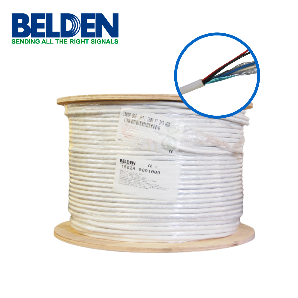 CABLE PARA CONTROL MULTIMEDIA AUTOMATIZACIÓN BELDEN 1502R 0091000 FORRO PVC BLANCO CMR CMG 2C/18AWG + 2C/22AWG 2 CONDUCTORES CALIBRE 18 AWG (ALIMENTACIÓN) MULTIFILAR 2 CONDUCTORES CALIBRE 22 AWG (DATOS) COBRE ESTAÑADO BLINDADO HILO A TIERRA USO INTERIOR ESPECIAL PARA APLICACIONES AUTOMATIZACIÓN/CONTROL ILUMINACIÓN Y MULTIMEDIA, SISTEMAS DE CONTROL AMX Y CRESTON SOPORTA HUMEDAD BOBINA 1000 PIES 305 METROS. <br><br>DE LINEA, Código SAT 26121609 - 1502R 0091000