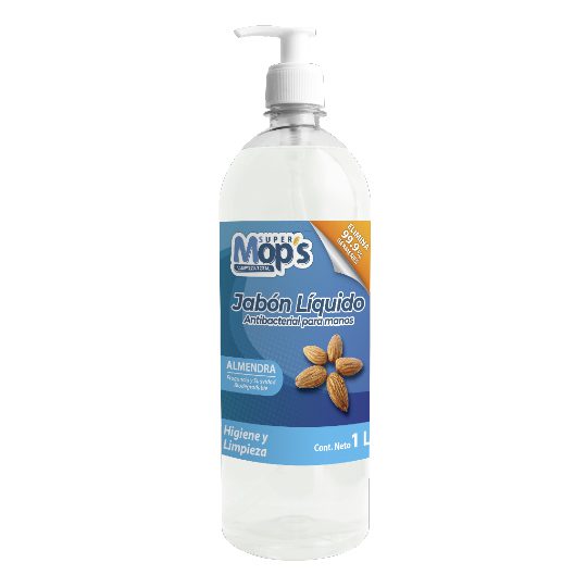 Jabon para manos antibacterial Super mop Líquido antibacterial manos aroma: almendra,botella con valvula dosificadora marca Super mops. diseñado para una correcta limpieza, desinfección y cuidado de la piel                                                                                           s aroma almendras 1 Lt.                  - MOPS821