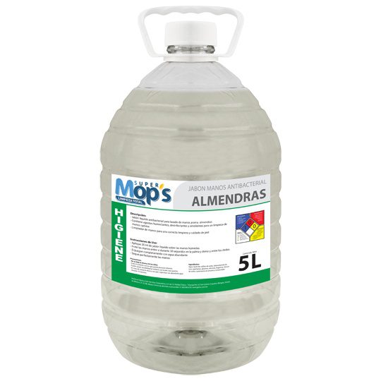 Jabon para manos Super mops aroma almend Líquido antibacterial para manos, aroma almendra. botella con 5 Lt.. diseñado para una correcta limpieza, desinfección y cuidado de la piel.                                                                                                                    ra 5 Lt.                                 - MOPS802