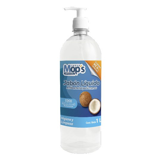 Jabon para manos antibacterial Super mop Líquido antibacterial manos aroma: coco, botella con valvula dosificadora. diseñado para una correcta limpieza, desinfección y cuidado de la piel                                                                                                               s aroma coco 1 Lt.                       - MOPS824