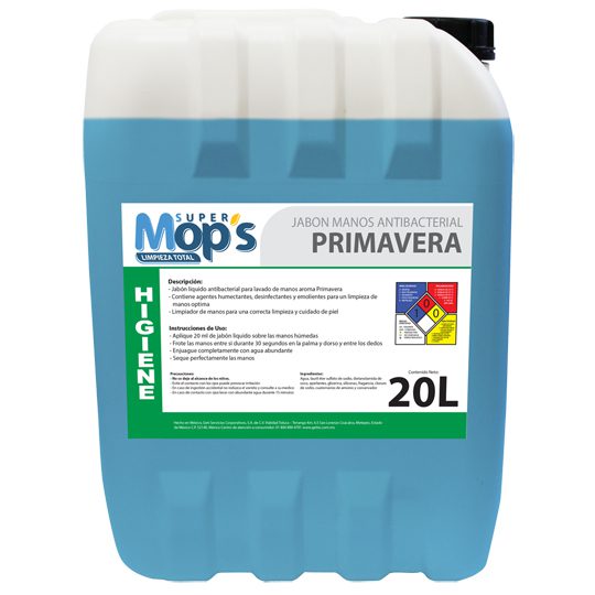 Jabon para manos Super mops aroma primav Líquido antibacterial para manos, aroma a primavera. bidon de 20 Lt.. diseñado para una correcta limpieza, desinfección y cuidado de la piel.                                                                                                                   era 20 Lt.                               - MOPS814