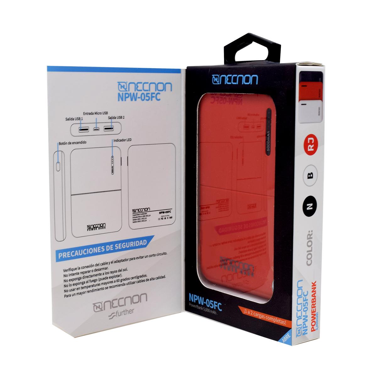 POWERBANK NECNON (NBPB0502FC) 5000MAH, 2.1A,1 A 2CARGAS,INDICADOR LED,ENTRADA Y SALIDA TIPO C,ROJO - NBPB0502FC