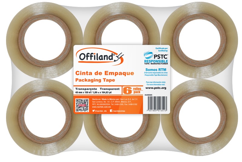 Cinta  de empaque uso 040 Offiland trans Grado económico con adhesivo acrílico base agua, adhesivo amable con el medio ambiente, alta calidad de adhesión, elaborada con polipropileno biorentado, resistencia al envejecimiento, medida 48 mm x 150 m.                                                  parente 48 mm x 150 m empaque 6 pzas     - OFFILAND