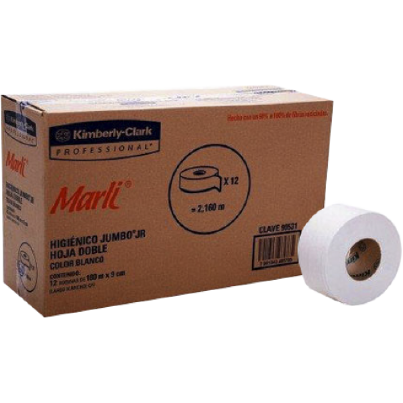 Papel Higiénico blanco Marli, caja c/12  Higiénico , Marli caja con 12 rollos de 180 m cada uno. hjs dobles. ancho de hjs 9 cm. Despachadores: 92715. fabricante Kimberly clark                                                                                                                          bobinas 180m jr mod 90531                - 90531