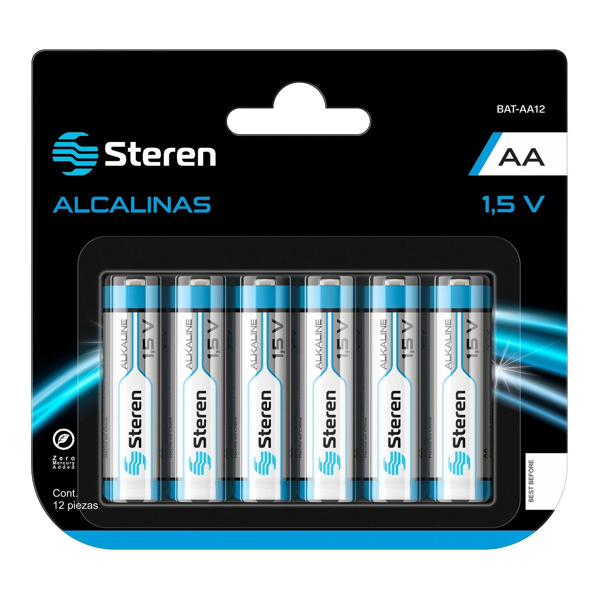 Pila alcalina AA STEREN  blister de 12 p Paque con 12 piezas. voltaje: 1.5 vcc. libres de mercurio y cadmio. dimensiones: 5 cm de alto x 1.4 cm de diametro. para uso general.                                                                                                                           zas                                      - BAT-AA12_